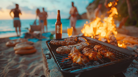 Happy friends are having fun while they are preparing a barbecue on the beach. Vacation concept.の素材