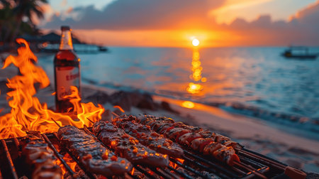 Happy friends are having fun while they are preparing a barbecue on the beach. Vacation concept.の素材