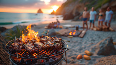 Happy friends are having fun while they are preparing a barbecue on the beach. Vacation concept.の素材