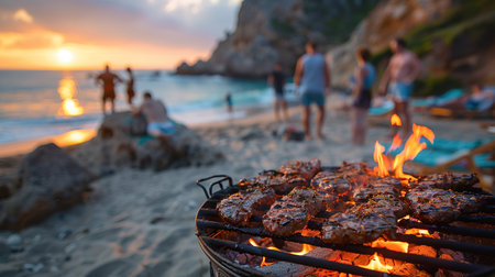 Happy friends are having fun while they are preparing a barbecue on the beach. Vacation concept.の素材
