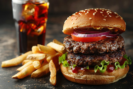 Delicious hamburger with cola and potato fries on a wooden table with a dark brown background behind. Fast food concept.の素材
