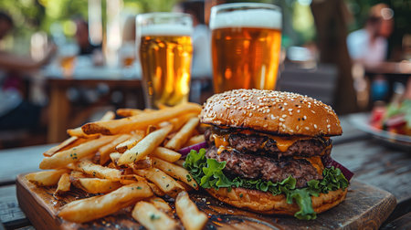 Burgers, French fries and beer at an outdoor picnic. Friends gathered at a barbecue on a warm summer evening.の素材