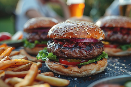 Burgers, French fries and beer at an outdoor picnic. Friends gathered at a barbecue on a warm summer evening.の素材