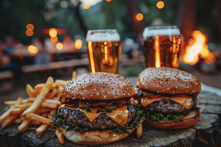 Burgers, French fries and beer at an outdoor picnic. Friends gathered at a barbecue on a warm summer evening.の素材