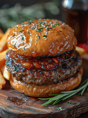 Delicious hamburger with cola and potato fries on a wooden table with a dark brown background behind. Fast food concept.の素材