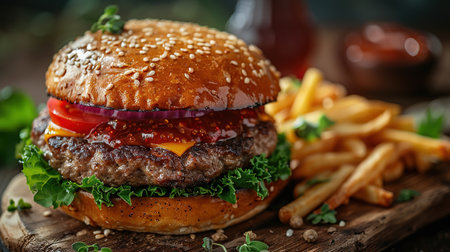 A spectacular spicy burger with French fries and cola on a background of flames.の素材