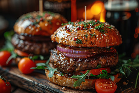 A spectacular spicy burger with French fries and cola on a background of flames.の素材