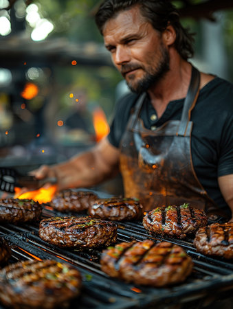 Man grilling burger meat on barbecue grill close up, smoke coming out of the grill, male person flipping burgers on a grillの素材