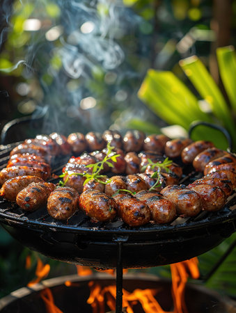 Hot sausage with spices on grill with fire in summer in garden.の素材