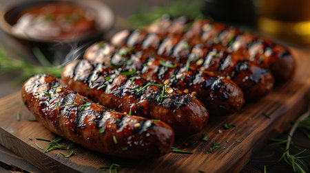 Fried sausages with sauces and herbs on a wooden serving Board. Great beer snack on a dark background. Top viewの素材