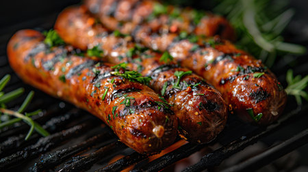 Hot sausage with spices on grill with fire in summer in garden.の素材