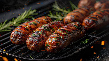 Hot sausage with spices on grill with fire in summer in garden.の素材