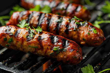 Hot sausage with spices on grill with fire in summer in garden.の素材