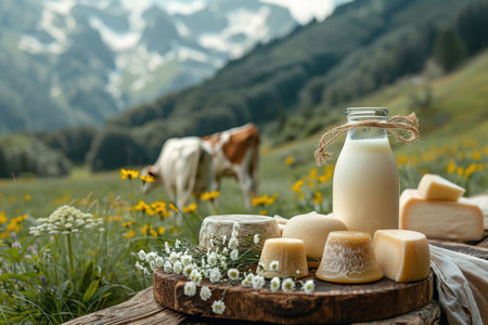 Milk, sour cream, cheese and cottage cheese on table on background of meadow with cows in the mountainsの素材