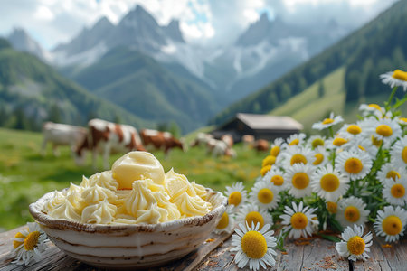 Fresh butter on table on background of meadow with cows.の素材