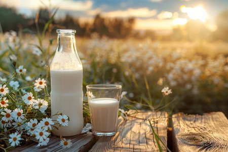 Milk on table on background of meadow with cows.の素材