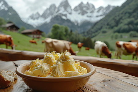 Fresh butter on table on background of meadow with cows.の素材