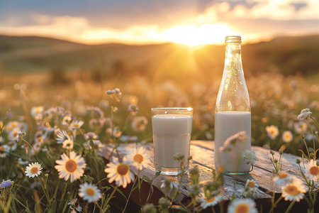 Milk on table on background of meadow with cows.の素材