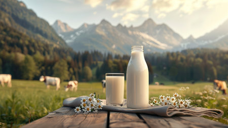 Milk on table on background of meadow with cows.の素材
