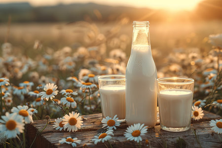Milk on table on background of meadow with cows.の素材