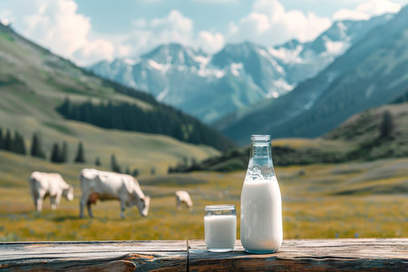 Milk on table on background of meadow with cows.の素材
