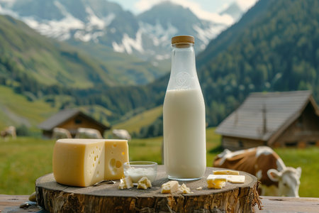 Milk, sour cream, cheese and cottage cheese on table on background of meadow with cows in the mountainsの素材