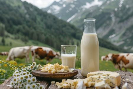 Milk, sour cream, cheese and cottage cheese on table on background of meadow with cows in the mountainsの素材