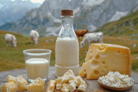 Milk, sour cream, cheese and cottage cheese on table on background of meadow with cows in the mountainsの素材