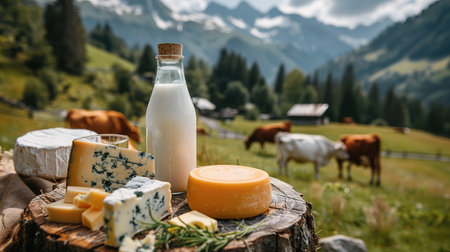Milk, sour cream, cheese and cottage cheese on table on background of meadow with cows in the mountainsの素材