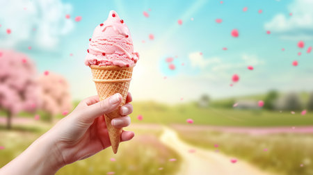 Woman's hand holding Fantasy Cone of Ice cream, Passion fruit Sherbet and Raspberry Sorbet on the grass field background, Ice cream melting in the summer day.の素材