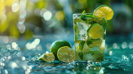 Fresh lemonade or mojito cocktail in glass with straw on a swimming poll border on sunny day.の素材