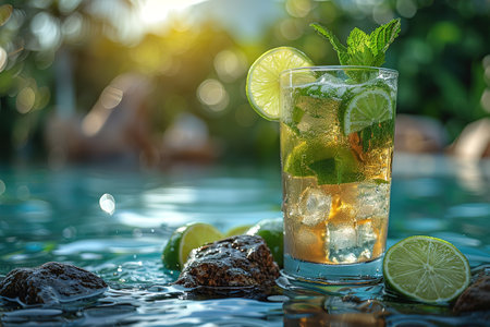 Fresh lemonade or mojito cocktail in glass with straw on a swimming poll border on sunny day.の素材