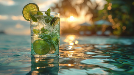 Fresh lemonade or mojito cocktail in glass with straw on a swimming poll border on sunny day.の素材