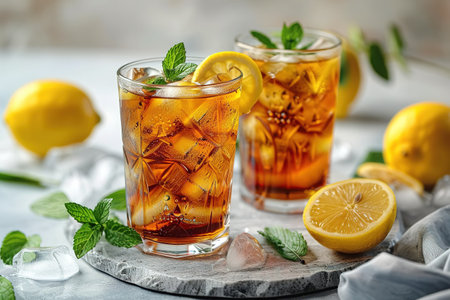 Cuba Libre or long island iced tea cocktail with strong drinks, cola, lime and ice in glass, cold longdrink or lemonadeの素材