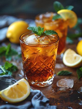 Cuba Libre or long island iced tea cocktail with strong drinks, cola, lime and ice in glass, cold longdrink or lemonadeの素材