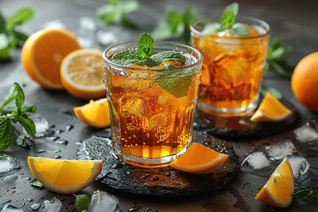 Cuba Libre or long island iced tea cocktail with strong drinks, cola, lime and ice in glass, cold longdrink or lemonadeの素材