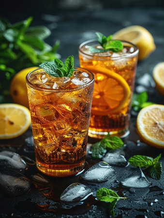 Cuba Libre or long island iced tea cocktail with strong drinks, cola, lime and ice in glass, cold longdrink or lemonadeの素材