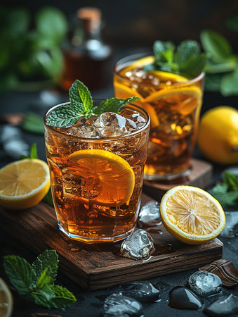 Cuba Libre or long island iced tea cocktail with strong drinks, cola, lime and ice in glass, cold longdrink or lemonadeの素材