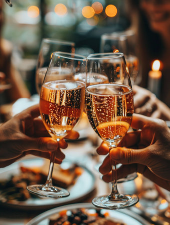 Success, people and dinner with toast, champagne and elegant team, party and celebration together. Friends, closeup and cheers for achievement, wine glasses and fine dining at gala event and luxuryの素材