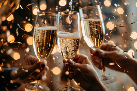 Success, people and dinner with toast, champagne and elegant team, party and celebration together. Friends, closeup and cheers for achievement, wine glasses and fine dining at gala event and luxuryの素材