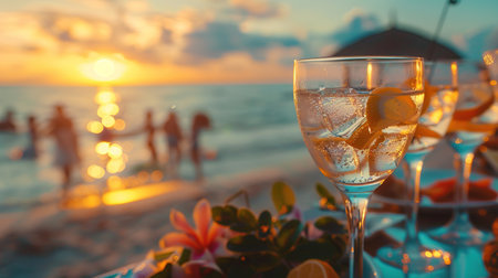 Various delicious cocktails on the bar counter against the background of the sea in the evening.の素材