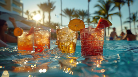 Assorted fresh cocktails at the poolside outdoors, nobody.の素材