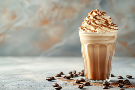 Ice coffee in a tall glass with cream poured over, ice cubes and beans on a dark concrete table. Cold summer drink with tubes on a black background with copy space.の素材