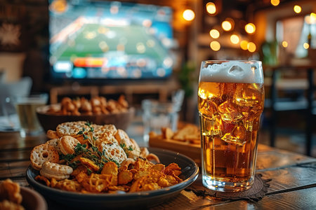 Beer and snacks set on football match tv background.の素材
