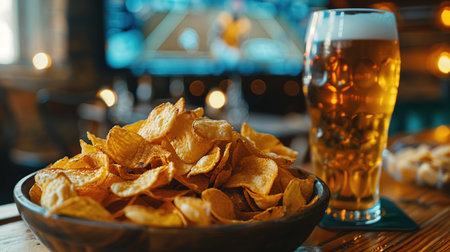 Beer and snacks set on football match tv background.の素材