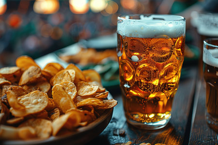 Traditional sport stadium foods and beer background, Set of various baseball, basketball, football fans and stadium snacks, chips, sauces, hot dogs with beer bottles and fan accessoriesの素材