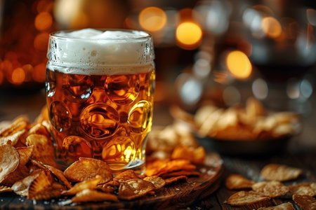 International beer day. Glasses with light beer and salty snacks on a bar counter.の素材