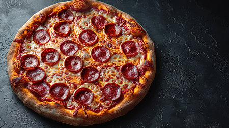 Tasty pepperoni pizza and cooking ingredients tomatoes basil on black concrete background. Top view of hot pepperoni pizza. With copy space for text. Flat layの素材