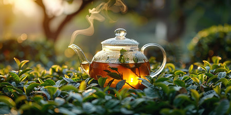 Warm cup of tea with teapot, green tea leaves on the wooden desk at morning in plantations with long banner background empty space for text,Organic product from the nature for healthy with traditionalの素材