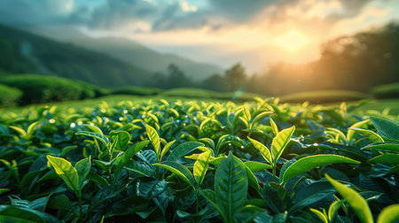 Green tea leaves in a tea plantation in morning, Tea plantations at dawn.の素材